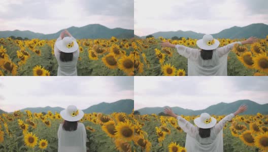 自由的概念，一个奇妙的女人在黄色向日葵地里举起双手的背影。每天都是一个快乐的地方。向日葵田里的夕阳。高清在线视频素材下载