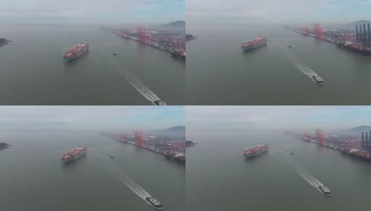 全球贸易港，集装箱船出港高清在线视频素材下载