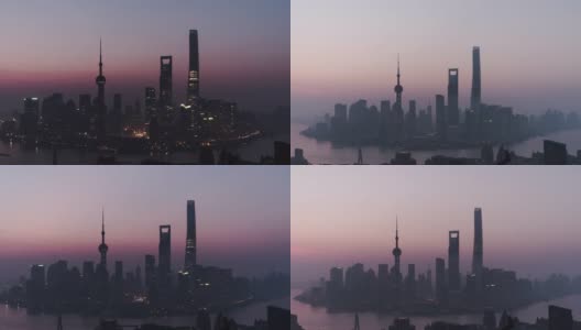 T/L ZO鸟瞰图上海天际线在黎明，从夜晚到白天/上海，中国高清在线视频素材下载