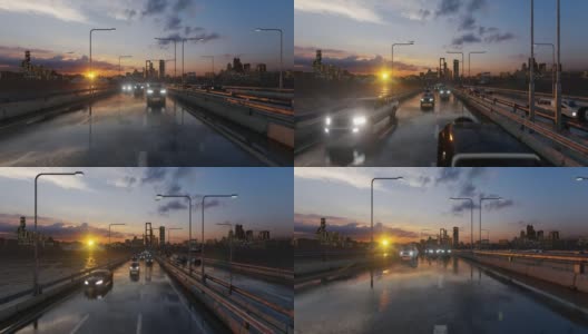 在日落时分，摄像机在被水包围的高速公路上飞行高清在线视频素材下载