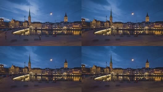 瑞士黄昏之夜苏黎世fraumunster教堂limmatquai munsterbrucke全景4k时间流逝高清在线视频素材下载