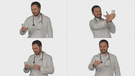 医生或医务人员用智能手机的前置摄像头在白色背景下自拍高清在线视频素材下载