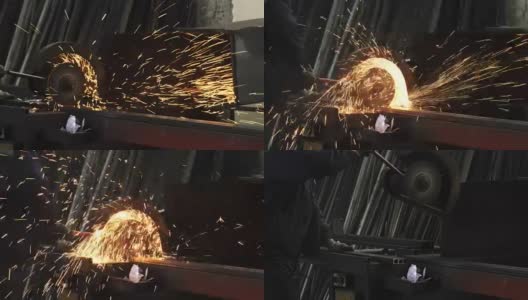 一个金属工人焊接钢管，火花飞溅的镜头高清在线视频素材下载