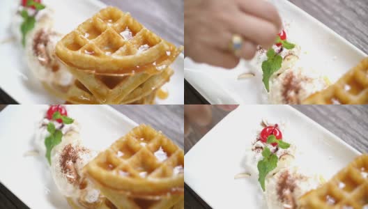 SLO MO华夫饼和奶油高清在线视频素材下载