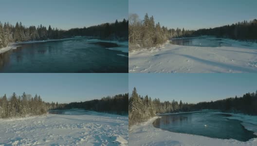 鸟瞰图北部自然森林和河流在冬天，魁北克，加拿大高清在线视频素材下载
