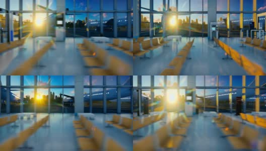 飞机对着美丽的日出从空机场，镜头平移高清在线视频素材下载