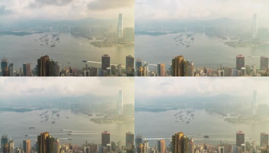 4K时间高角度的摩天大楼城市景观商业金融行业建设城市和水运物流集装箱船在多云大雾的早晨在香港太平山顶，中国。高清在线视频素材下载
