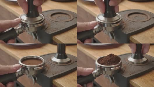 用新鲜的咖啡捣成咖啡粉。特写镜头。从头到尾煮咖啡。捣碎现磨咖啡。专业的咖啡师。高清在线视频素材下载