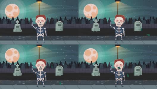 快乐的万圣节动画场景与骷髅在墓地高清在线视频素材下载