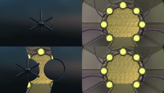 铁舱口打开宇宙飞船景观的全景场景。3d抽象背景科幻走廊与门户。未来技术抽象VJ技术标题和背景。高清在线视频素材下载