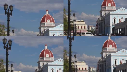 Jose Marti中央公园，棕榈树和历史建筑，西恩富戈斯省，古巴，2020年高清在线视频素材下载