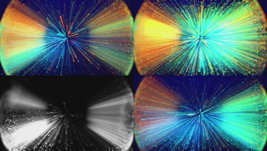 神奇的多色光与光线形成闪烁的抽象简单结构，如光纤或激光显示惊人的散景为奇妙的背景在4k。光磨作为alpha通道高清在线视频素材下载