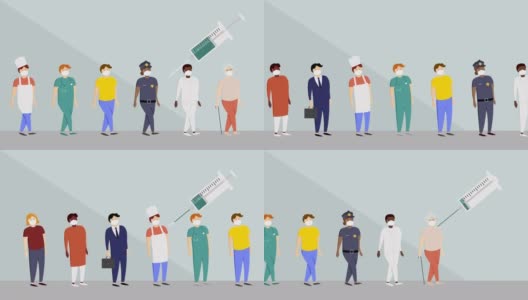 不同的人戴着防护口罩接种疫苗的动画高清在线视频素材下载