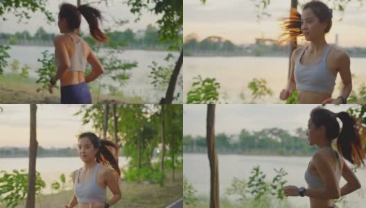 亚洲年轻美丽的女人在傍晚的夕阳在大桥在公共公园跑步健康。运动员健康和坚定的女孩锻炼通过慢跑锻炼户外运动为她的健康。高清在线视频素材下载