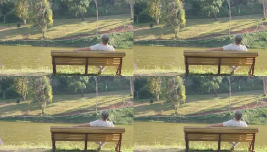 后视图亚洲资深男子坐在公园的木凳上。高清在线视频素材下载