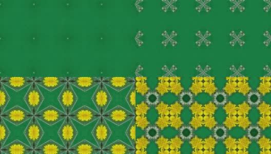 在绿色的背景上，一个抽象的马赛克与黄色的花卉元素。运动图形模式与植物主题。高清在线视频素材下载