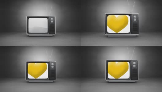 数字动画的黄色的心图标在电视屏幕上对灰色的背景高清在线视频素材下载