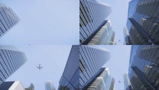 飞机飞过办公楼，美丽的3d动画4k，相机到达地面高清在线视频素材下载