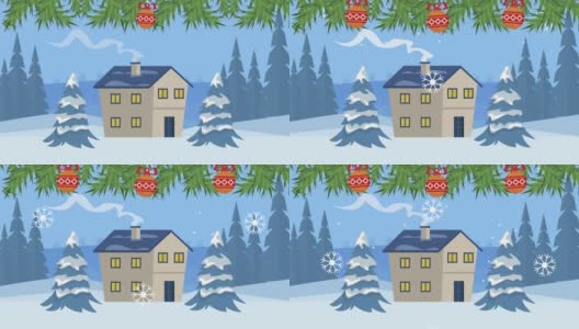 快乐快乐圣诞动画与房子在雪景高清在线视频素材下载
