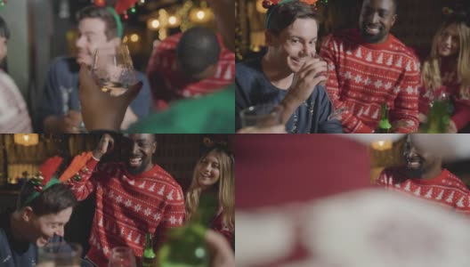一群朋友在酒吧庆祝圣诞节高清在线视频素材下载