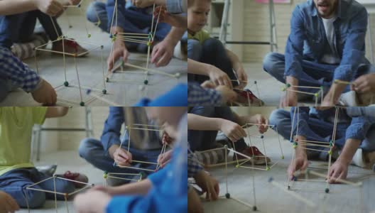 学龄前儿童用手工棒构建立方体高清在线视频素材下载