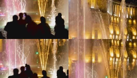 在亚美尼亚首都埃里温的夜晚，一个壮观的灯光喷泉高清在线视频素材下载