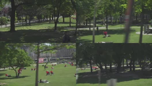 从公共汽车上看城市公园和太阳躺椅高清在线视频素材下载