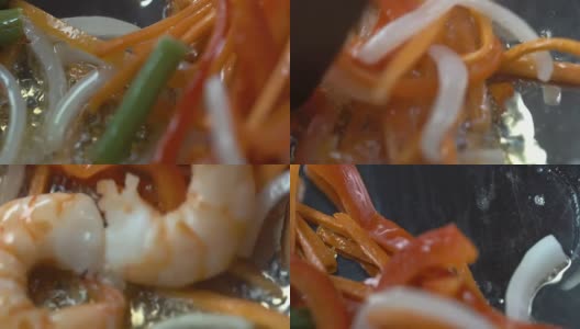 微距炒锅炒蔬菜与胡萝卜，保加利亚胡椒，洋葱1高清在线视频素材下载
