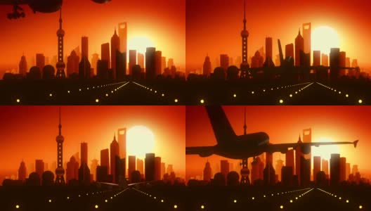 上海飞机降落天际线金色背景高清在线视频素材下载