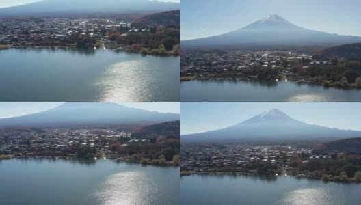 清晨鸟瞰富士山和川口湖高清在线视频素材下载