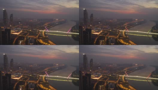 夕阳夜光照亮南京市青年文化中心著名的人行滨江眼桥航拍全景4k中国高清在线视频素材下载