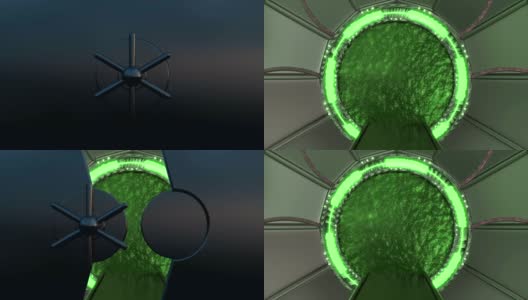 铁舱口打开宇宙飞船景观的全景场景。3d抽象背景科幻走廊与门户。未来技术抽象VJ技术标题和背景。高清在线视频素材下载