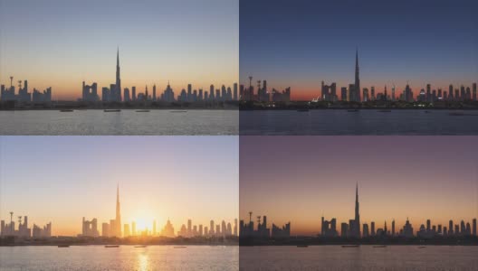 4K时间推移-城市天际线和城市景观在日出在阿联酋迪拜。高清在线视频素材下载