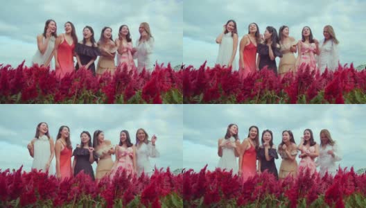一群美丽迷人的亚洲女性朋友穿着休闲服装站在一起聊天，在红花农场晴朗的天空背景下旅行的概念高清在线视频素材下载