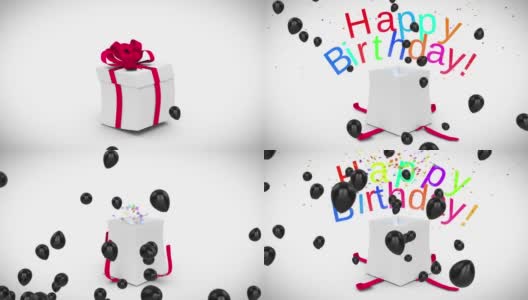 动画的黑色气球在礼盒打开释放快乐的生日文本和五彩纸屑高清在线视频素材下载