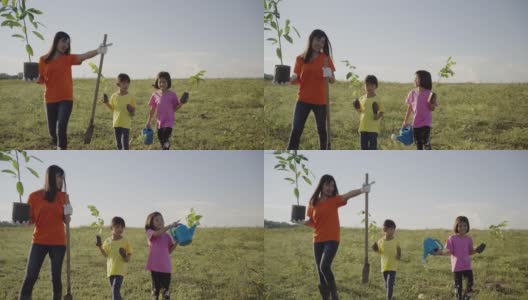 年轻妇女和女孩在晚上植树。高清在线视频素材下载