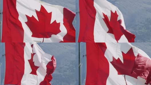 特写，慢动作镜头的旗帜加拿大吹在风与山的背景在一个阳光明媚的日子高清在线视频素材下载