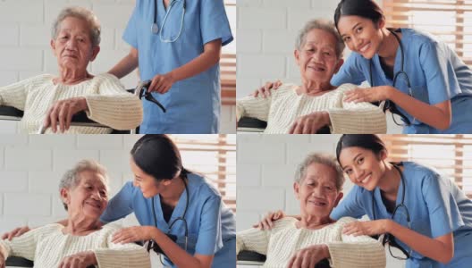 肖像快乐的志愿者年轻的黑人女性护士看护与亚洲老年祖母病人看着相机呆在家里防止新冠病毒或Covid-19的流行。医疗保健，护理，退休，家庭，慈善，养老院。高清在线视频素材下载