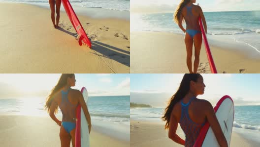美丽迷人的年轻夏威夷女孩在海滩冲浪板高清在线视频素材下载