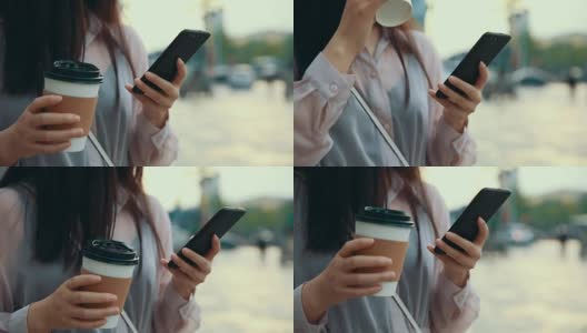 年轻女子一边打电话一边喝咖啡高清在线视频素材下载