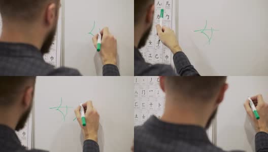 一个年轻人用记号笔在白板上写象形文字高清在线视频素材下载