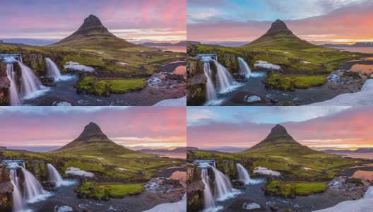 冰岛日出时的Kirkjufell山和kirkjufellsfoss。高清在线视频素材下载