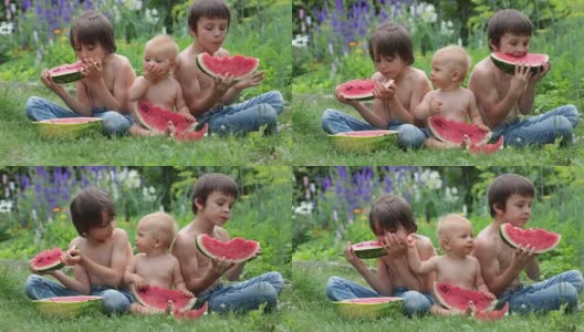 可爱的小朋友们，小男孩和两兄弟，在花园里吃着成熟的西瓜，美味的水果高清在线视频素材下载