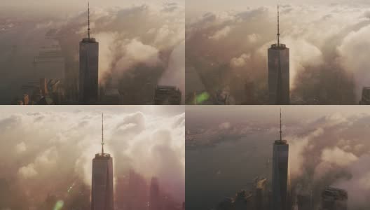 日出在曼哈顿和云彩经过世界贸易中心大厦。高清在线视频素材下载