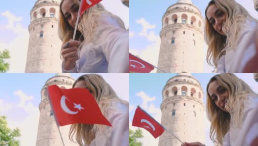 美丽的女孩挥舞着土耳其国旗高清在线视频素材下载
