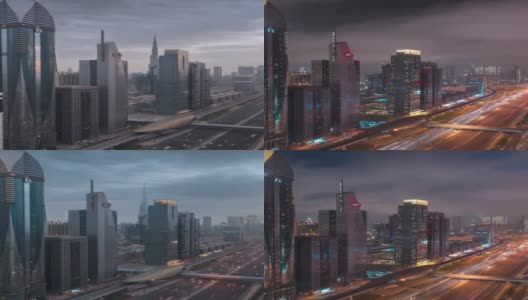 迪拜城市中心谢赫扎耶德路在直立/肖像中延长白天黑夜高清在线视频素材下载