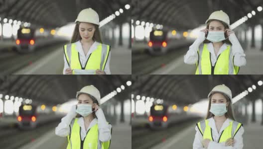 4K女工程师在火车站戴着防护口罩高清在线视频素材下载