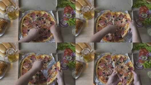 肥胖男性吃多了油腻的食物塞满了大块的披萨，不健康的饮食高清在线视频素材下载