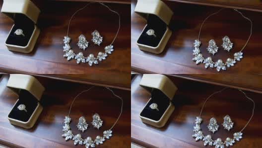 结婚钻石戒指，钻石项链和耳环4K 4K高清在线视频素材下载