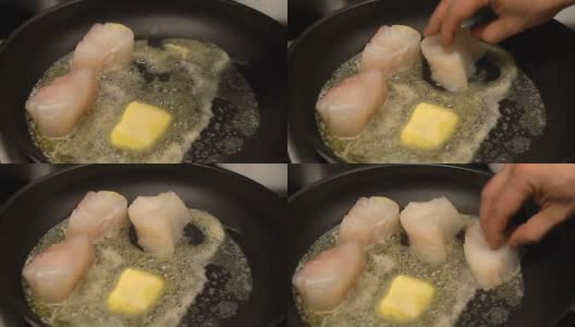厨师在餐厅厨房里用黄油烤鱼块高清在线视频素材下载